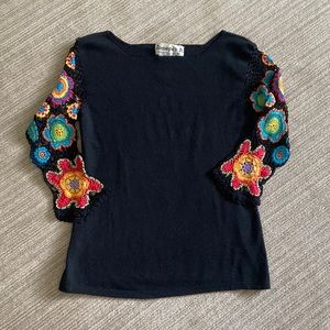 Joseph A. black  silk blend top with embroidered sleeves
